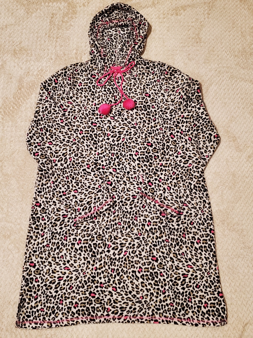 Jennifer Moore Leopard Print Hooded Lounge Dress with Pink Accents